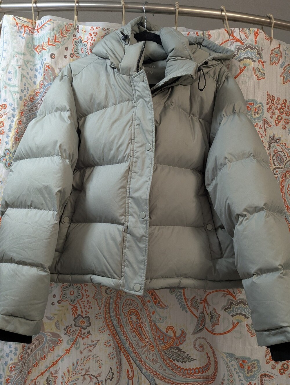 Quince cropped down jacket in seafoam green/gray, women's large